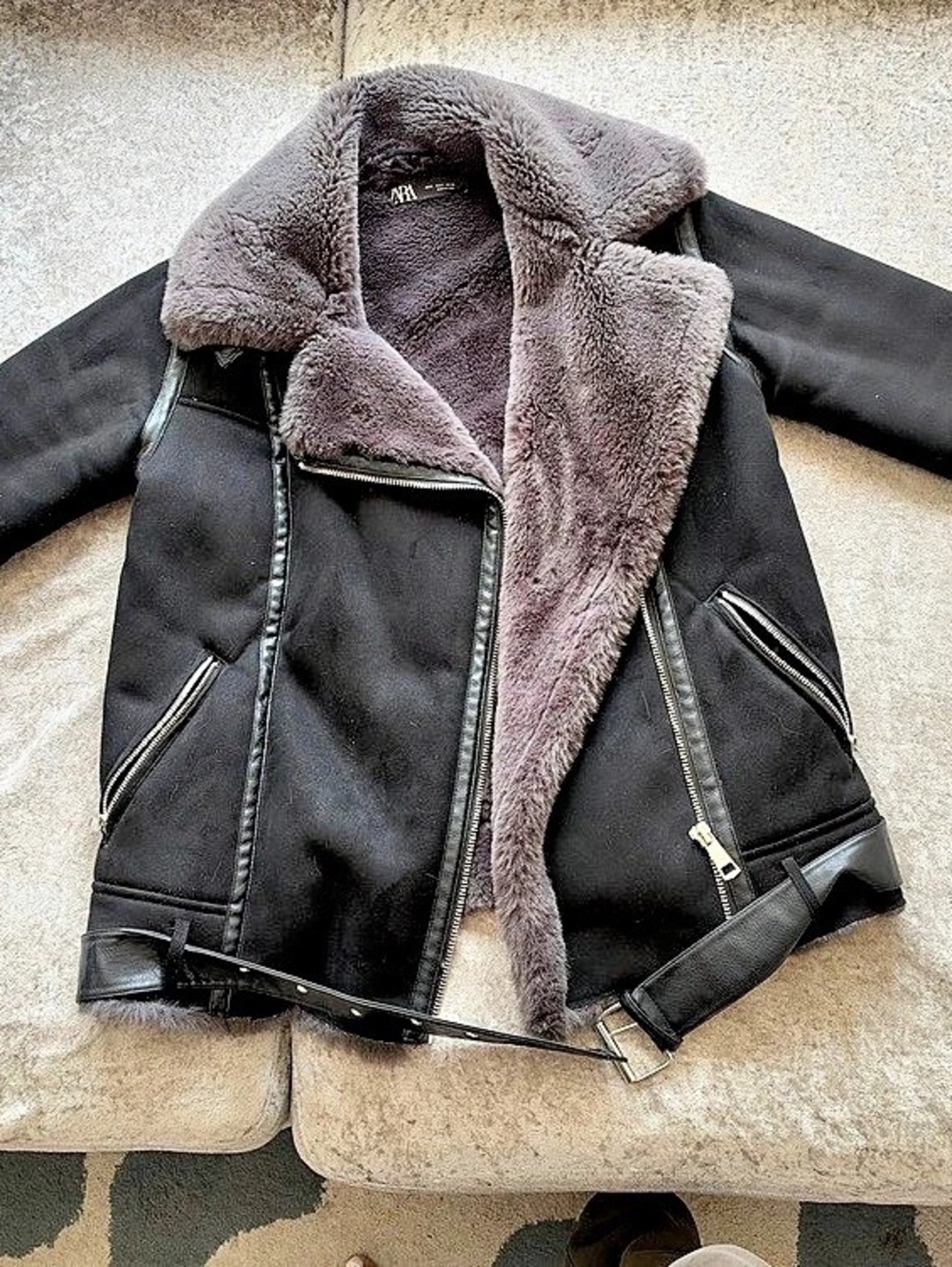Zara Double Faced Faux Suede Shearling Biker Jacket Black & Brown US S